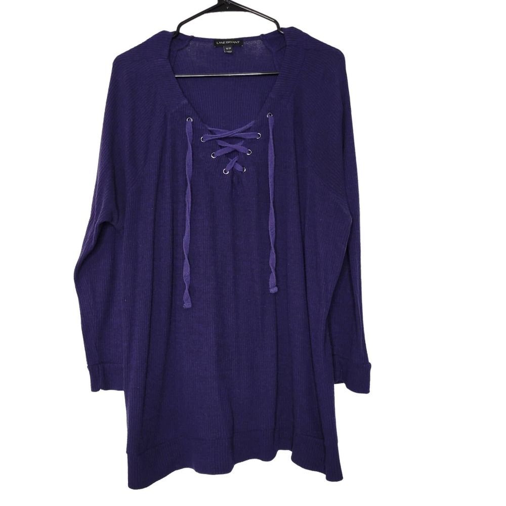 Lane Bryant Navy Blue Long Sleeve V-Neck Lace Up Waffle Knit Tunic Size 18/20